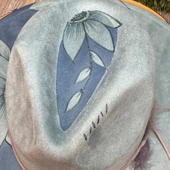 Custom Burned & Painted Baby Denim Blue Wide Brim Hat Suede Felt Sunflowers main image 4